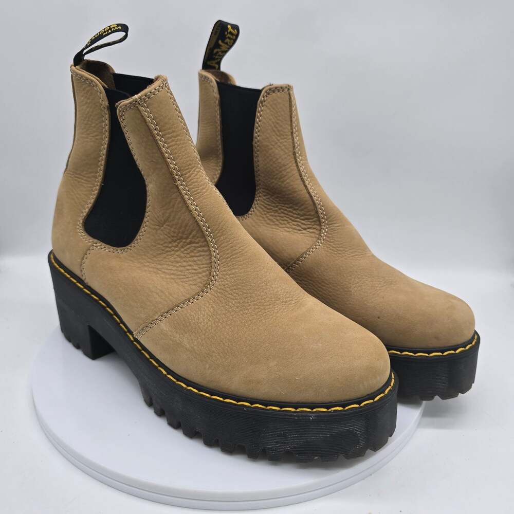 Dr. Martens Rometty Women's Nubuck Leather Platform Chelsea Boots Tan Black SZ 9